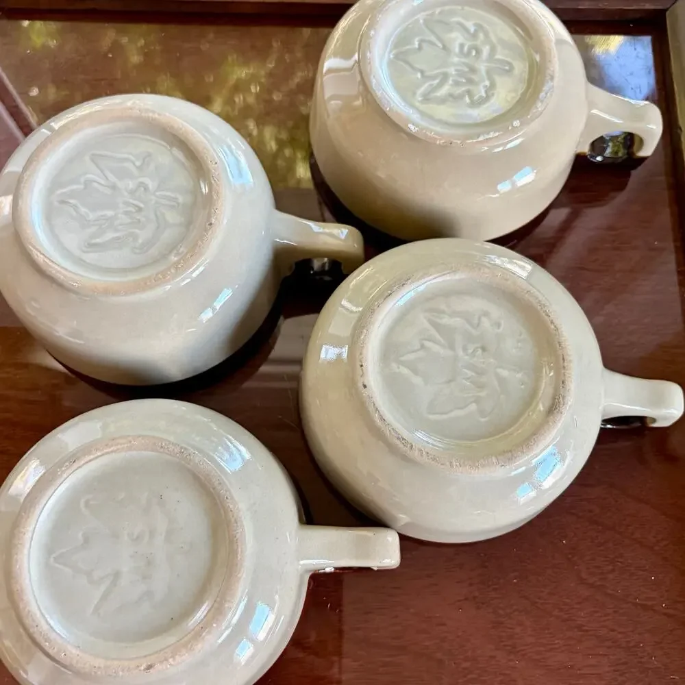 Vintage Western Stoneware Maple Leaf Brown Band Soup Mugs, Set of 4